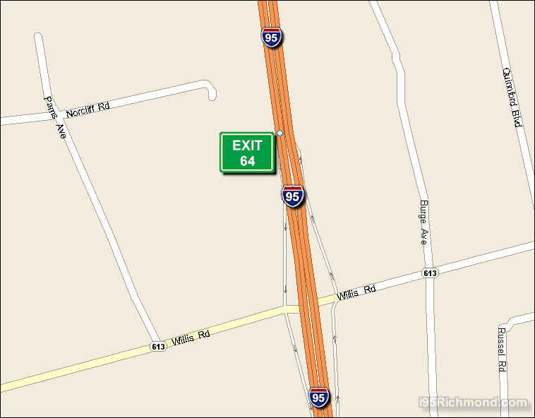 Map of Exit 64 South Bound on Interstate 95 Richmond at Willis Road SR 613