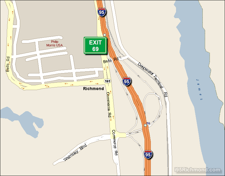 Map of Exit 69 South Bound on Interstate 95 Richmond at Commerce Rd. SR 161