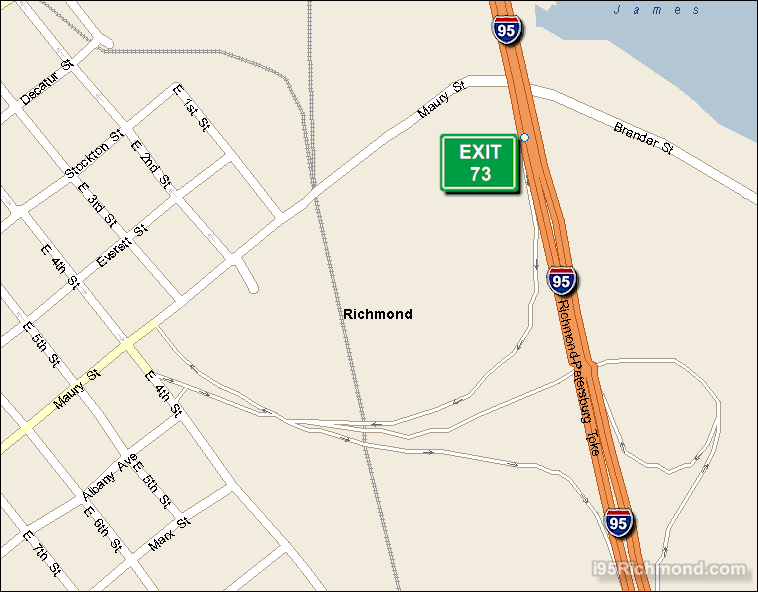 Map of Exit 73 South Bound on Interstate 95 Richmond at Maury Street