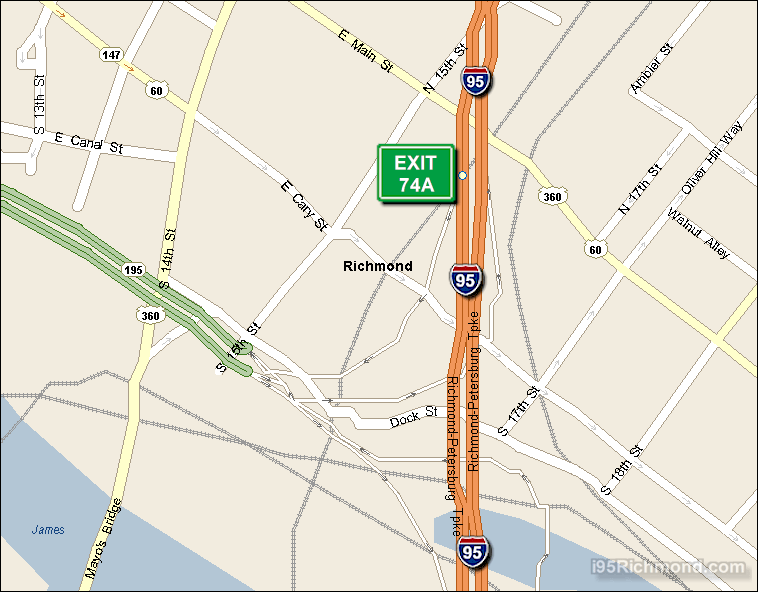 Map of Exit 74A South Bound on Interstate 95 Richmond at Downtown Expressway SR 195