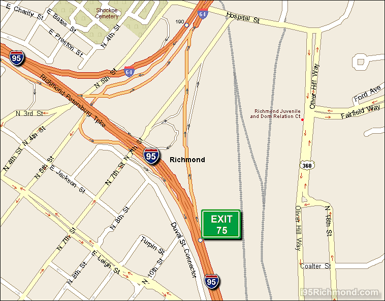 Map of Exit 75 North Bound on Interstate 95 Richmond at Interstate 64 East and 7th Street N