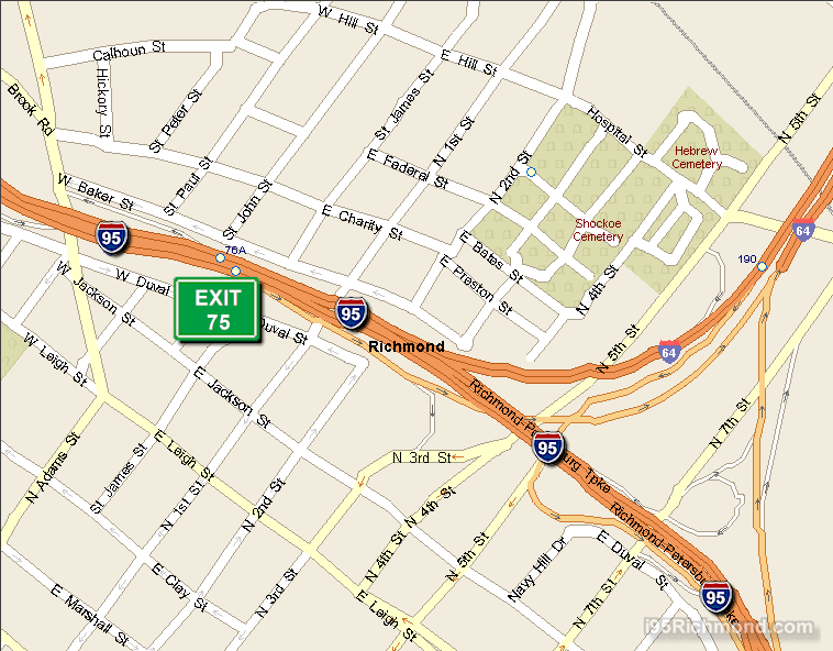 Map of Exit 75 South Bound on Interstate 95 Richmond at i-64