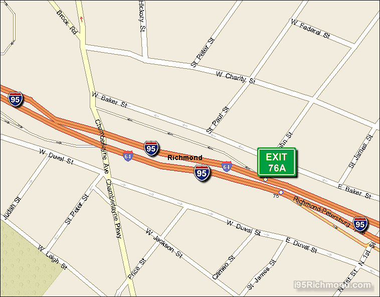 Map of Exit 76A North Bound on Interstate 95 Richmond at Chamberlayne Ave