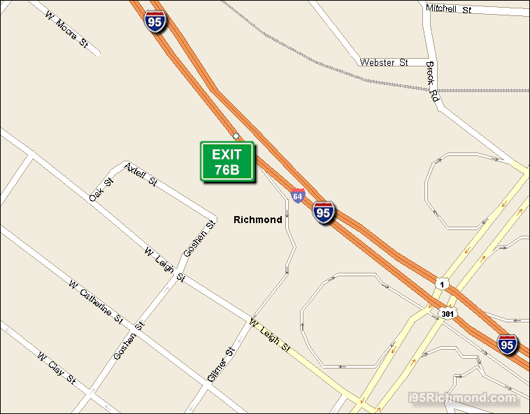 Map of Exit 76B South Bound on Interstate 95 Richmond at Gilmer Street