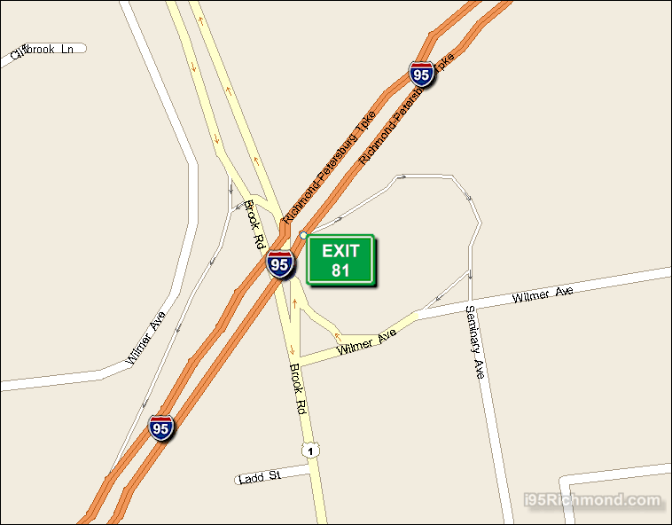 Map of Exit 81 North Bound on Interstate 95 Richmond at Brook Rd US Route 1