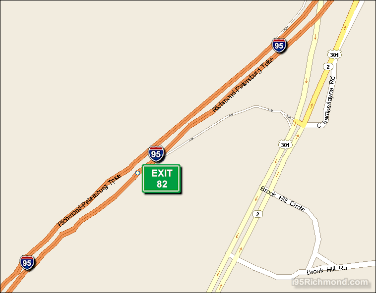 Map of Exit 82 North Bound on Interstate 95 Richmond at Chamberlayne Rd