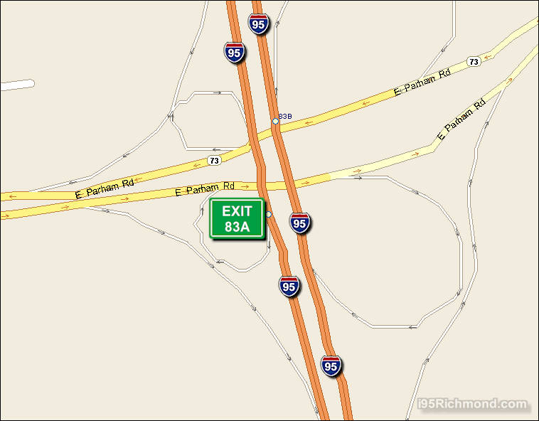 Map of Exit 83A South Bound on Interstate 95 Richmond at Parham Road E. Eastbound