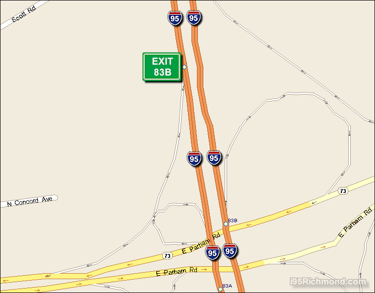 Map of Exit 83B South Bound on Interstate 95 Richmond at Parham Road E. Westbound