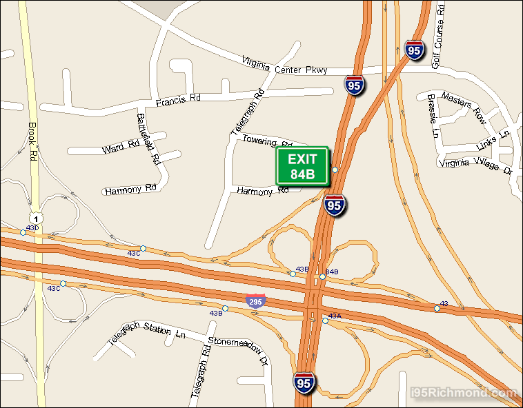 Map of Exit 84B South Bound on Interstate 95 Richmond at Interstate 295 West and Brook Rd